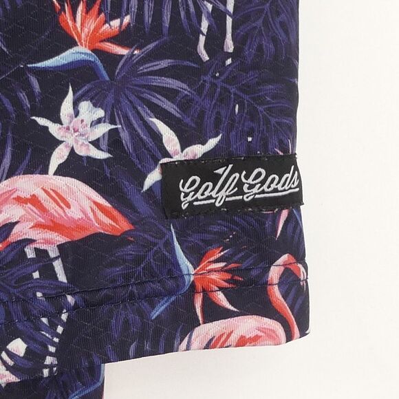 Golf Gods Flamingo Floral Hawaiian Print Polo Shirt Blue Men's Medium‎ M - Picture 4 of 6